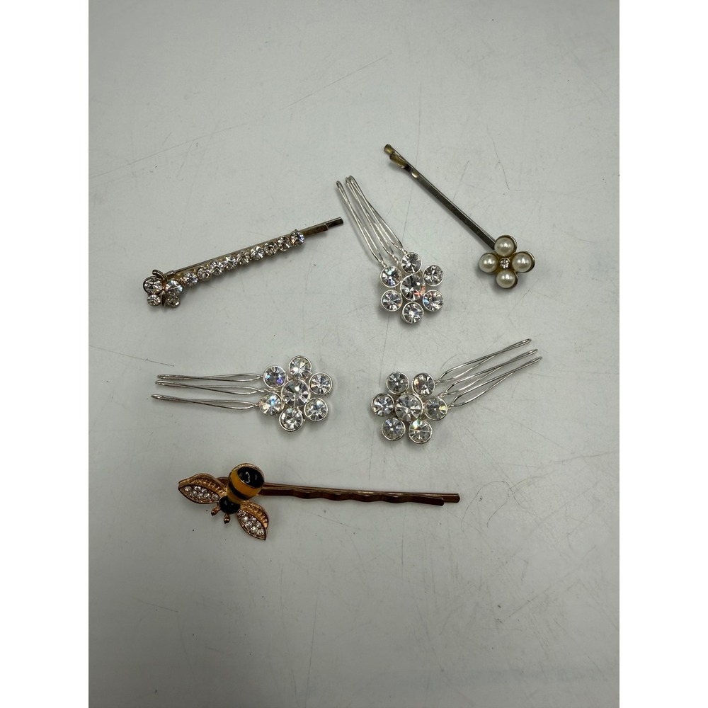 Vintage Style Hair Accessory Lot Rhinestone Bumblebee Pearl Bobby Pins Forks 6pc